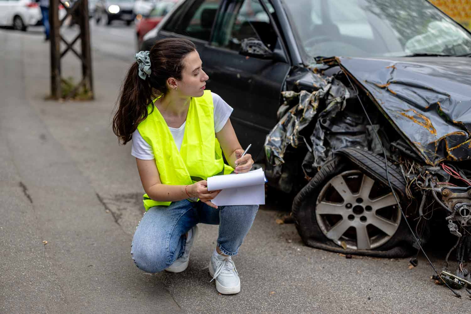 insurance adjuster inspecting crashed car